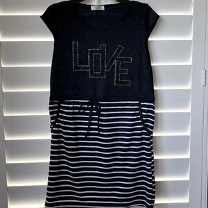 JULIA ROMPER/DRESS. LOVE printed on front with bling. Draw string waist. Sz L